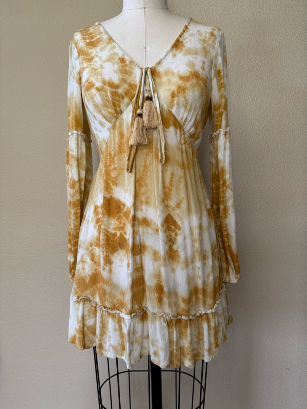 Tie-Dye Tassel V-Neck Babydoll Dress - White & Mustard